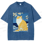 Unisex Japanese Art Cat Printed Washed Tee