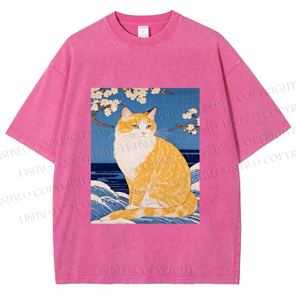 Unisex Japanese Art Cat Printed Washed Tee