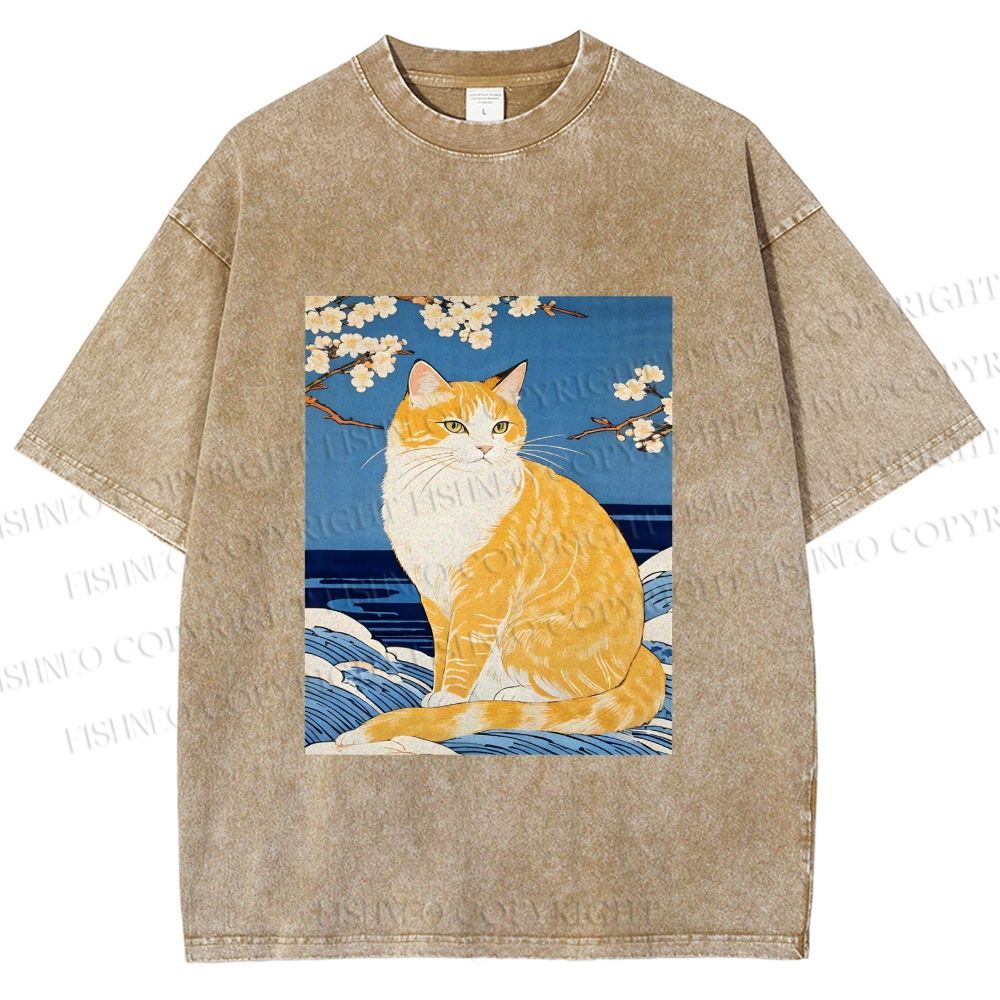 Unisex Japanese Art Cat Printed Washed Tee