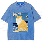 Unisex Japanese Art Cat Printed Washed Tee