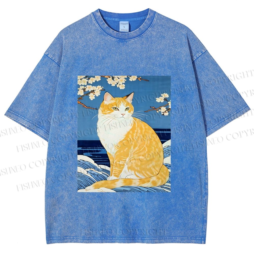 Unisex Japanese Art Cat Printed Washed Tee