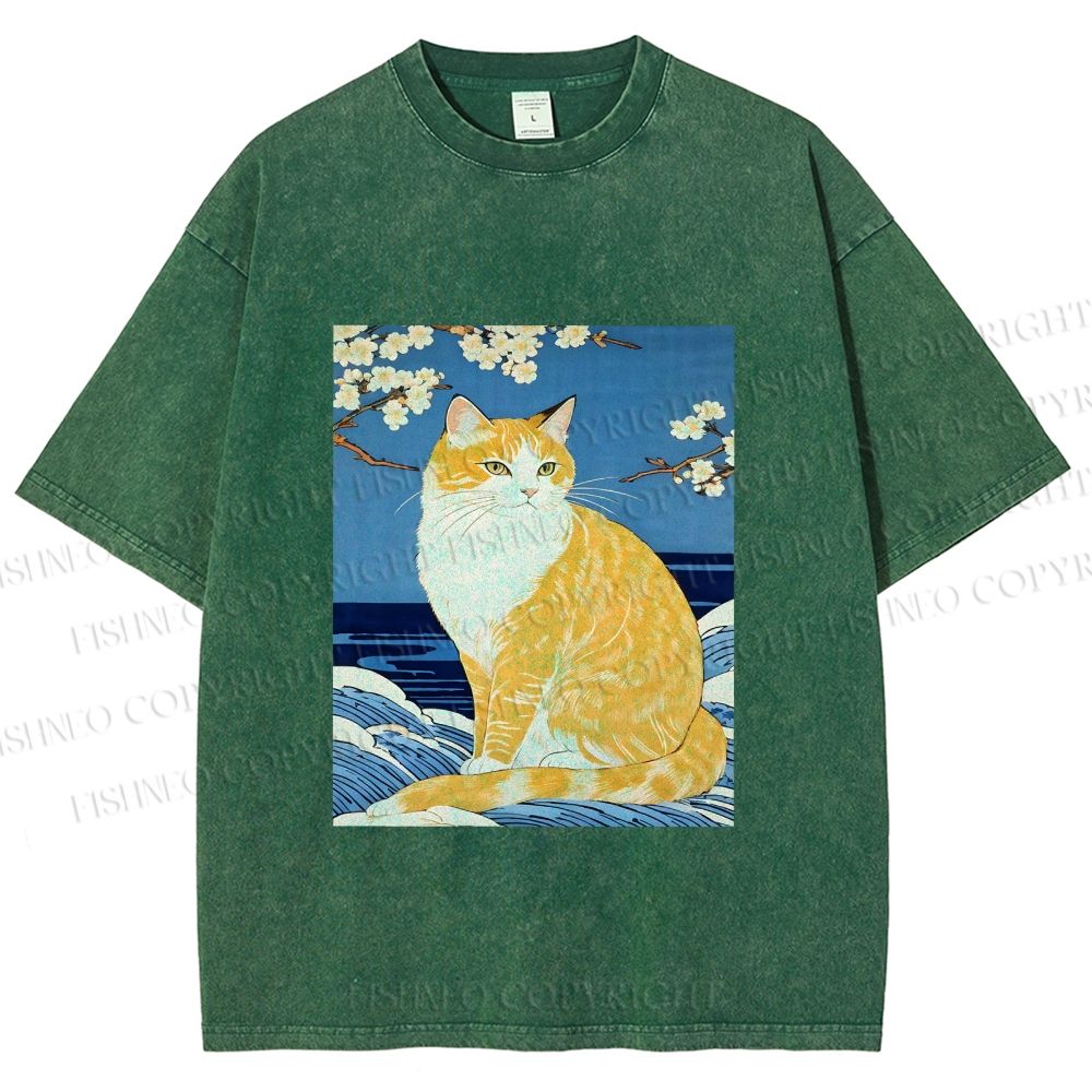 Unisex Japanese Art Cat Printed Washed Tee