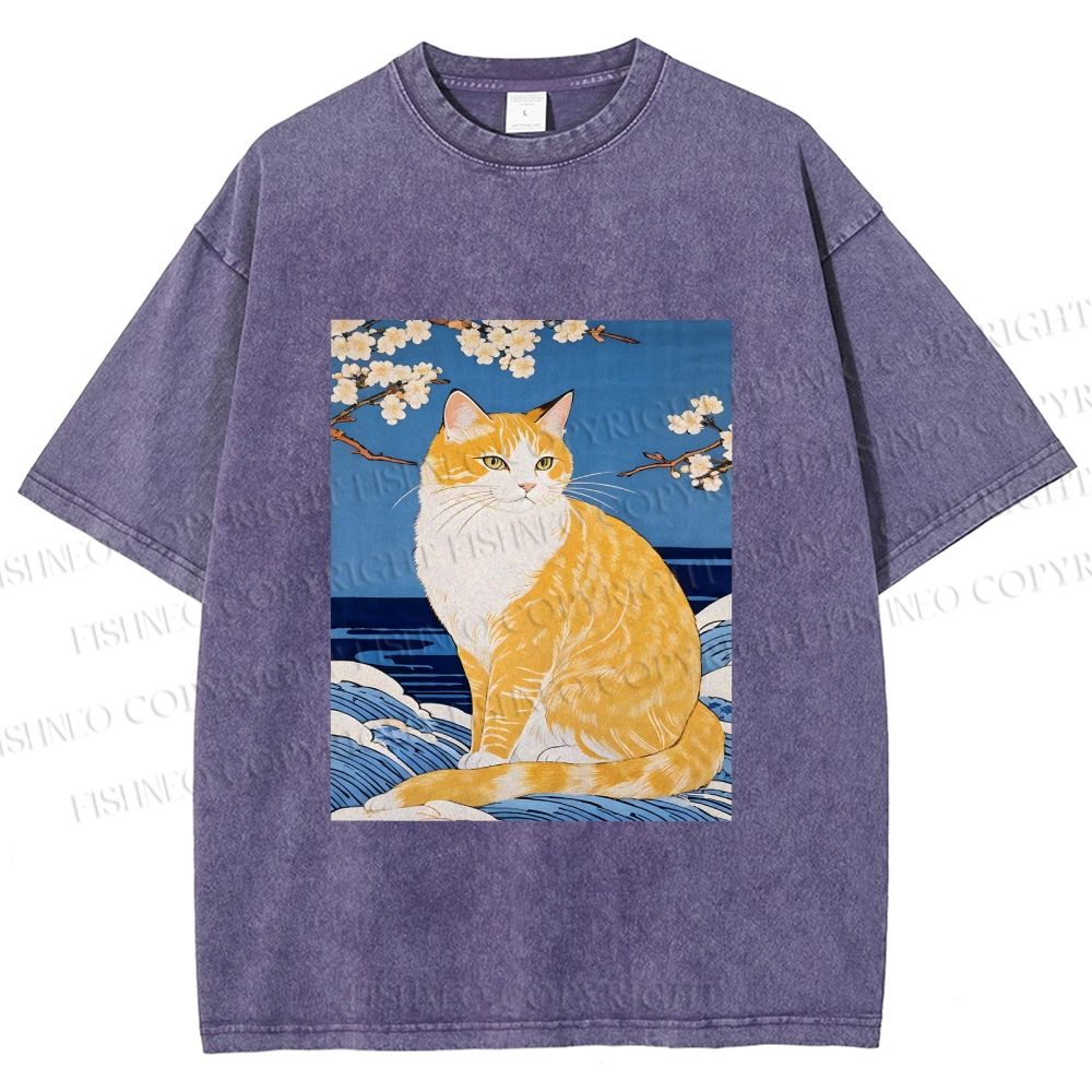 Unisex Japanese Art Cat Printed Washed Tee