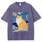Unisex Japanese Art Cat Printed Washed Tee