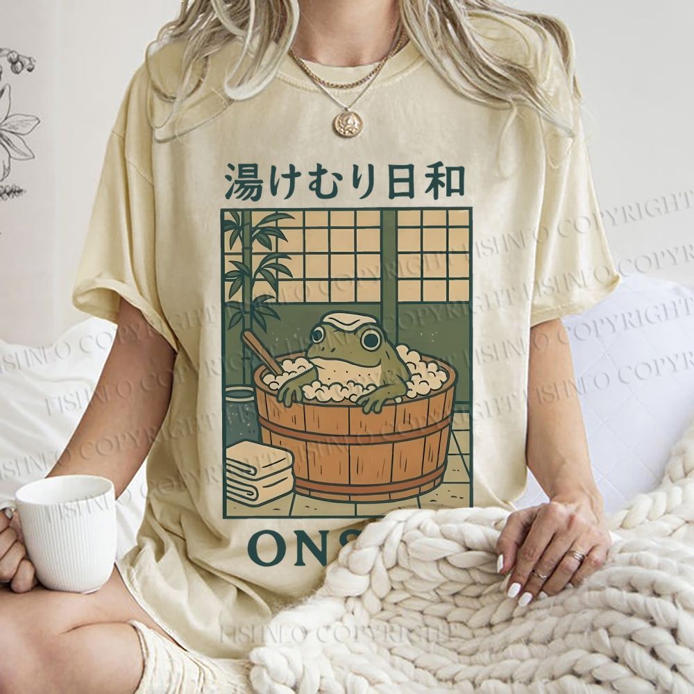 Unisex Japanese Frog Taking Bath Printed Washed Tee