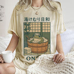 Unisex Japanese Frog Taking Bath Printed Washed Tee