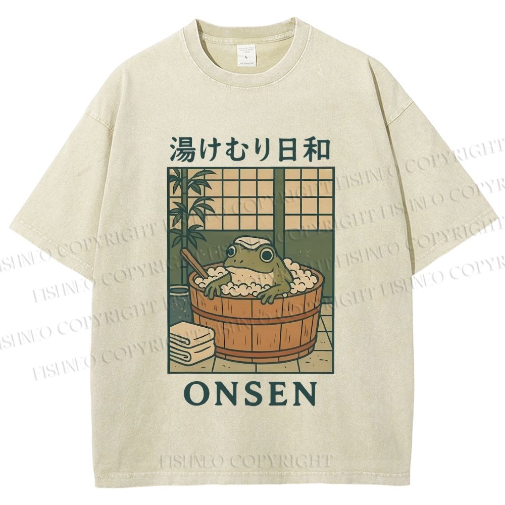Unisex Japanese Frog Taking Bath Printed Washed Tee