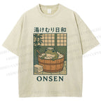 Unisex Japanese Frog Taking Bath Printed Washed Tee