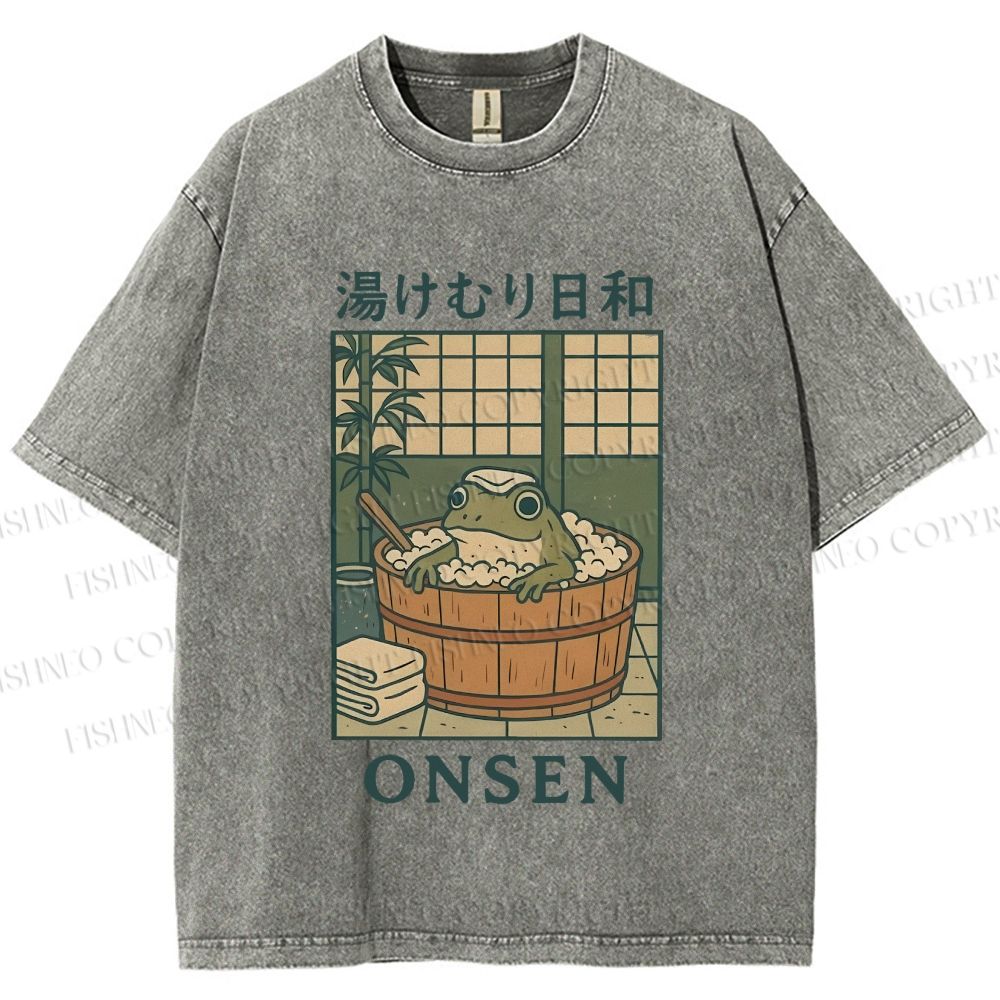 Unisex Japanese Frog Taking Bath Printed Washed Tee