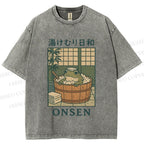 Unisex Japanese Frog Taking Bath Printed Washed Tee