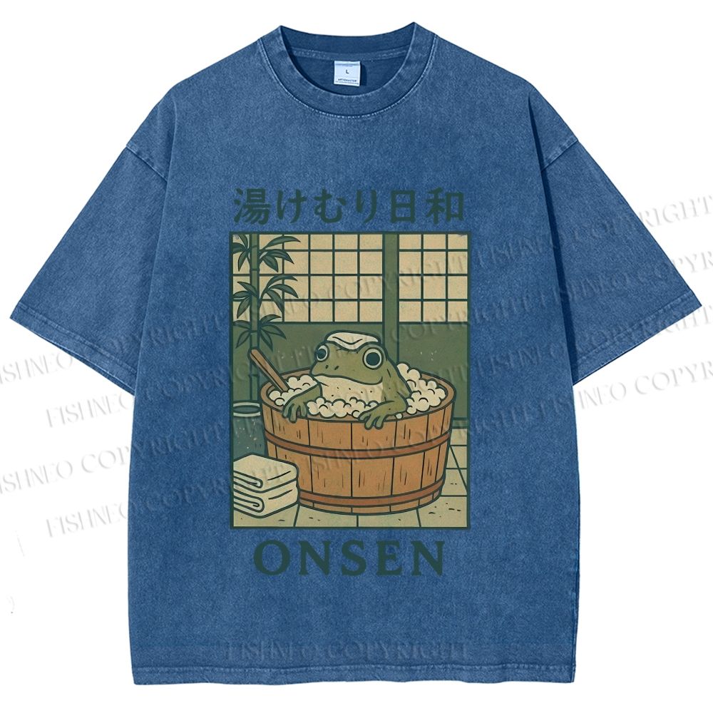 Unisex Japanese Frog Taking Bath Printed Washed Tee
