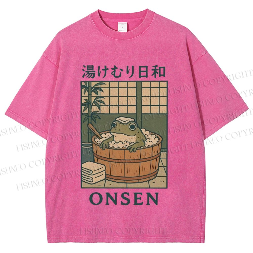 Unisex Japanese Frog Taking Bath Printed Washed Tee