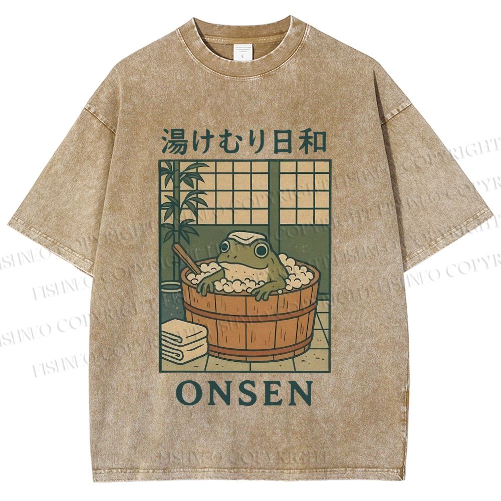 Unisex Japanese Frog Taking Bath Printed Washed Tee