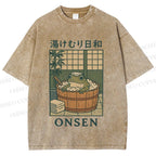 Unisex Japanese Frog Taking Bath Printed Washed Tee