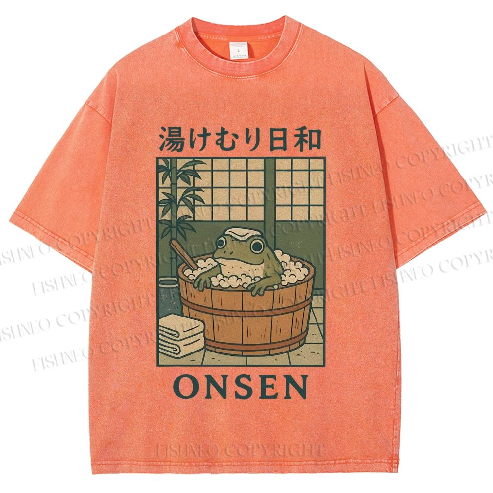 Unisex Japanese Frog Taking Bath Printed Washed Tee
