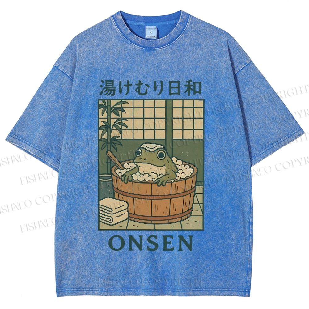 Unisex Japanese Frog Taking Bath Printed Washed Tee