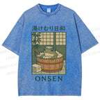 Unisex Japanese Frog Taking Bath Printed Washed Tee