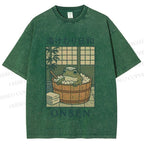 Unisex Japanese Frog Taking Bath Printed Washed Tee