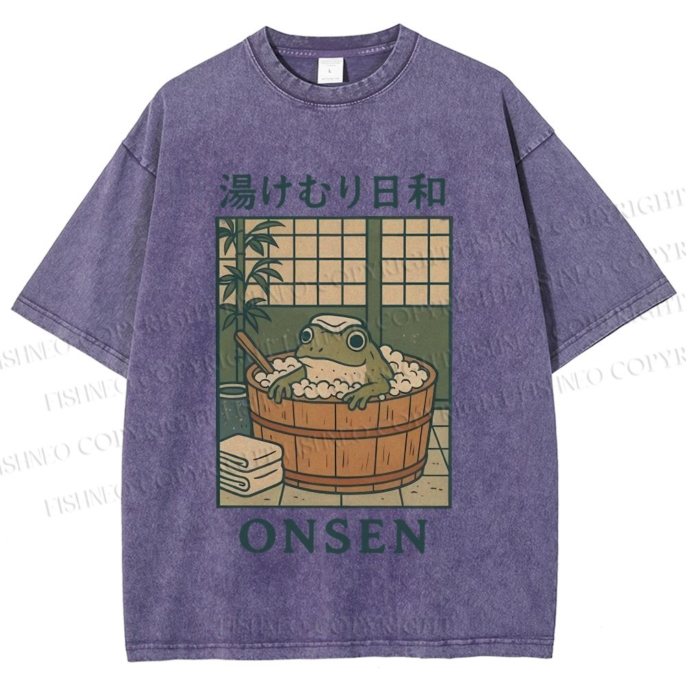 Unisex Japanese Frog Taking Bath Printed Washed Tee