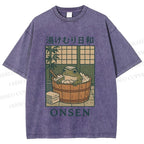Unisex Japanese Frog Taking Bath Printed Washed Tee
