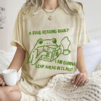 Unisex Vintage Frog Reading Book Graffiti Printed Washed Tee