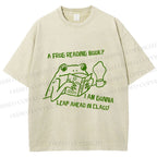 Unisex Vintage Frog Reading Book Graffiti Printed Washed Tee