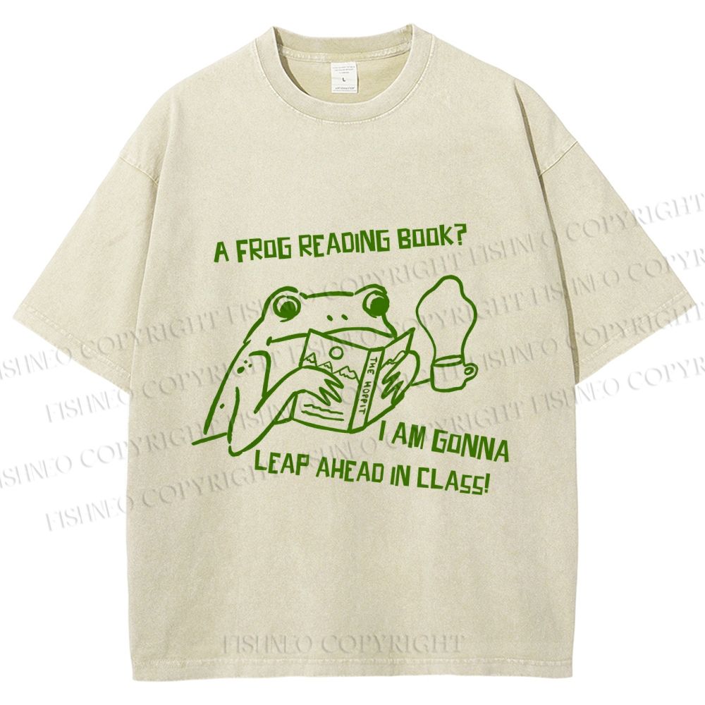Unisex Vintage Frog Reading Book Graffiti Printed Washed Tee