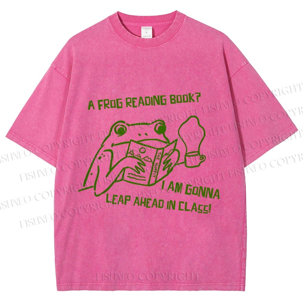 Unisex Vintage Frog Reading Book Graffiti Printed Washed Tee