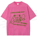 Unisex Vintage Frog Reading Book Graffiti Printed Washed Tee