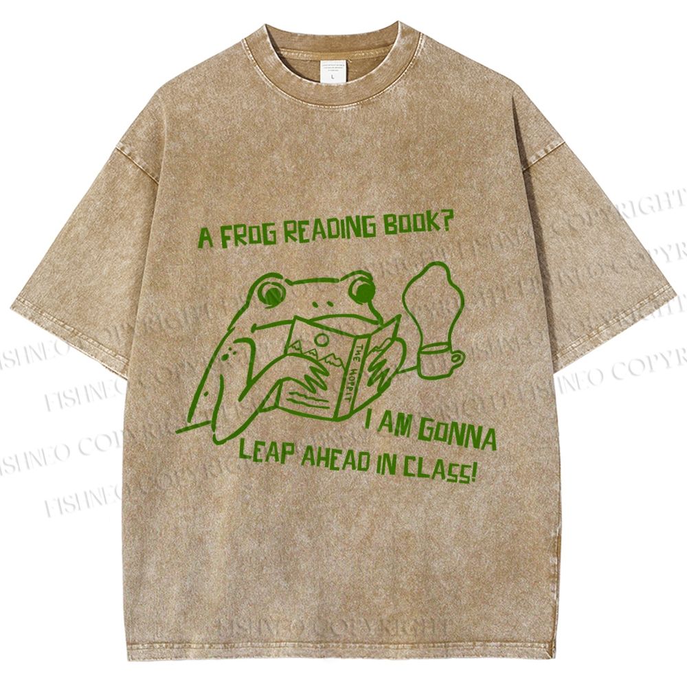 Unisex Vintage Frog Reading Book Graffiti Printed Washed Tee