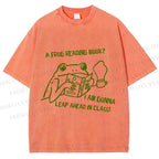 Unisex Vintage Frog Reading Book Graffiti Printed Washed Tee