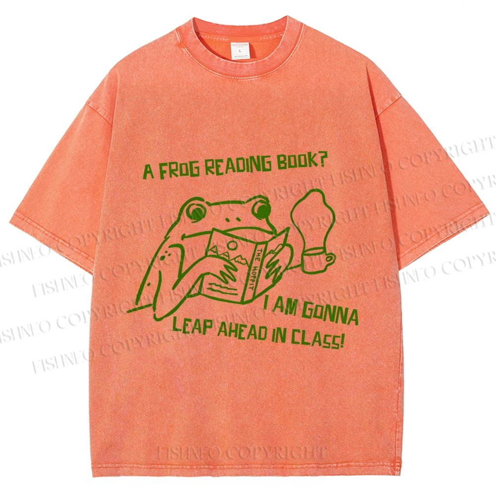 Unisex Vintage Frog Reading Book Graffiti Printed Washed Tee