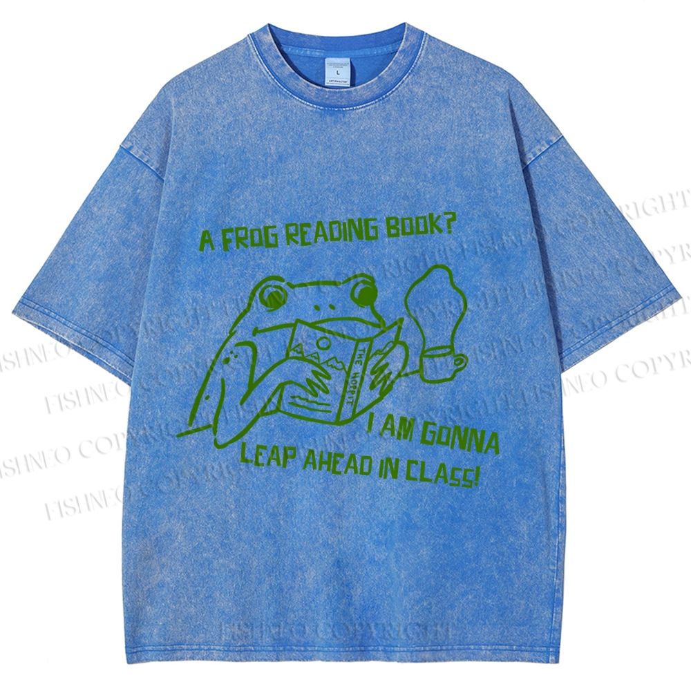 Unisex Vintage Frog Reading Book Graffiti Printed Washed Tee