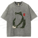 Unisex Vintage Frog Doing Dish Graffiti Printed Washed Tee