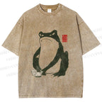 Unisex Vintage Frog Doing Dish Graffiti Printed Washed Tee