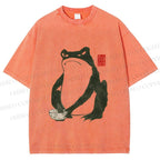 Unisex Vintage Frog Doing Dish Graffiti Printed Washed Tee