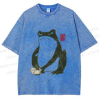 Unisex Vintage Frog Doing Dish Graffiti Printed Washed Tee