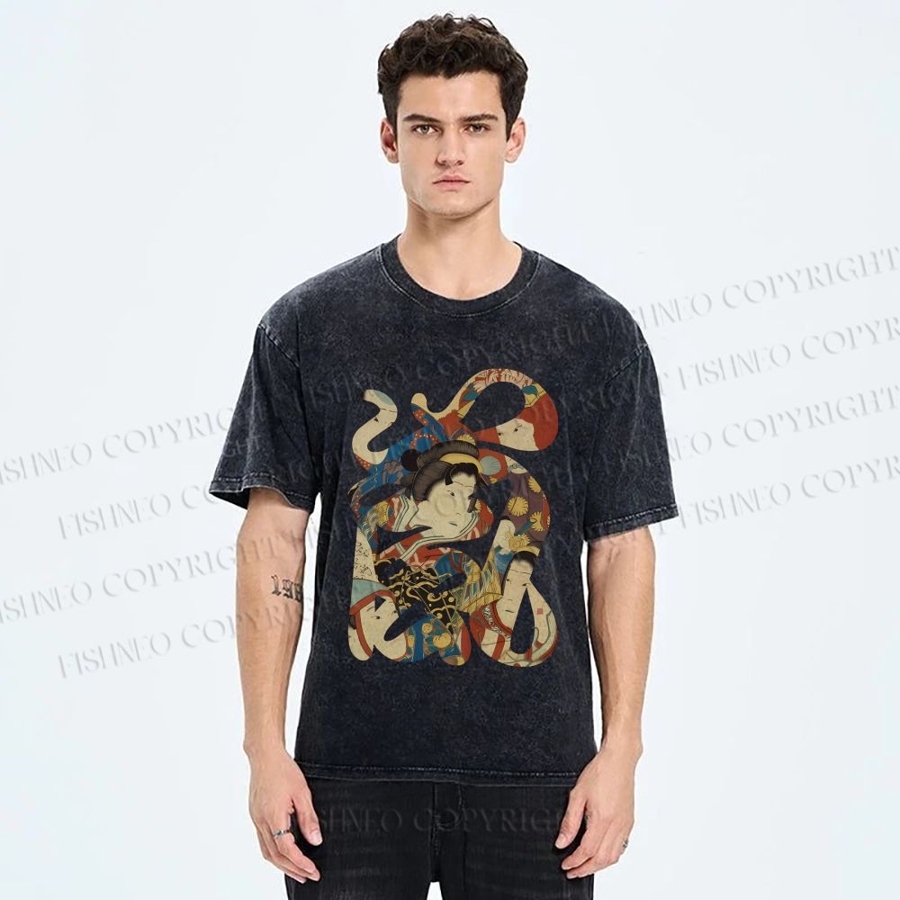 Unisex Vintage Japanese Art Printed Washed Tee