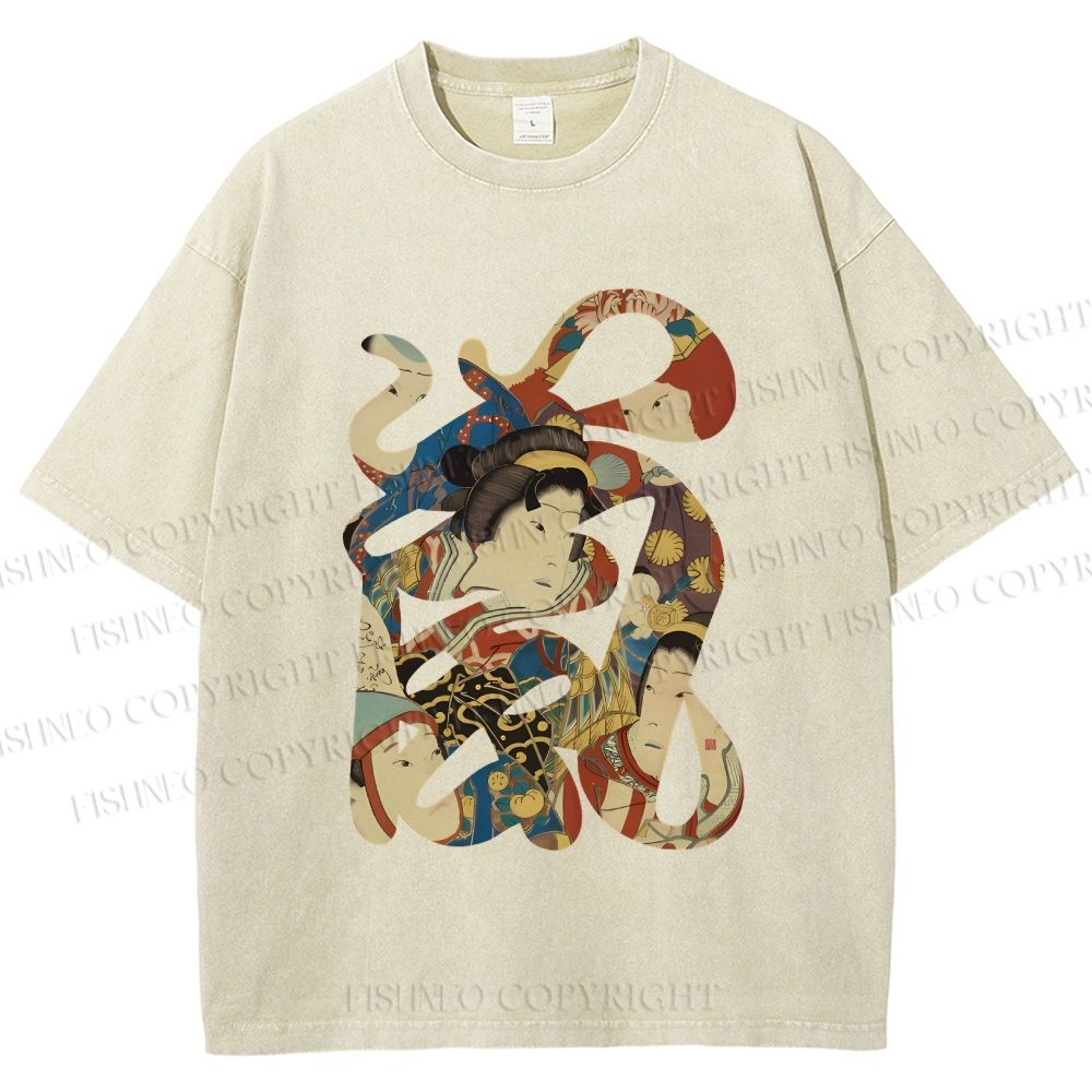Unisex Vintage Japanese Art Printed Washed Tee