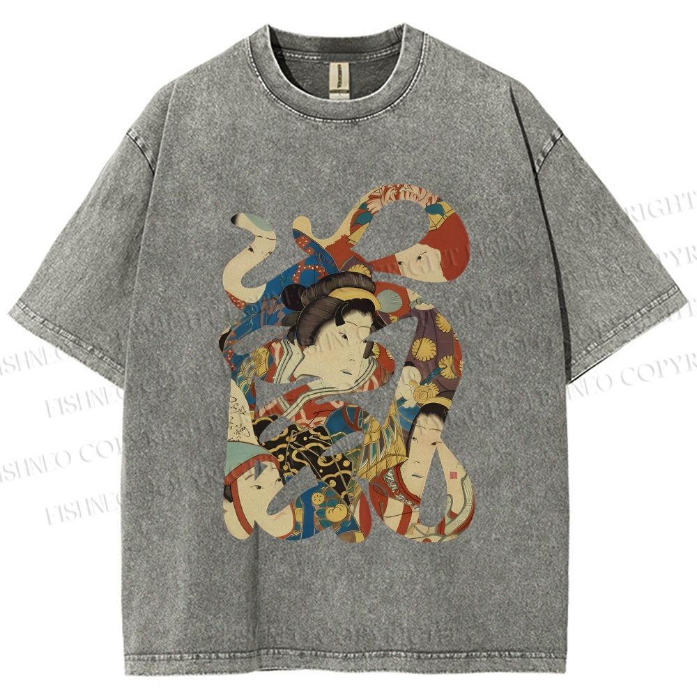 Unisex Vintage Japanese Art Printed Washed Tee