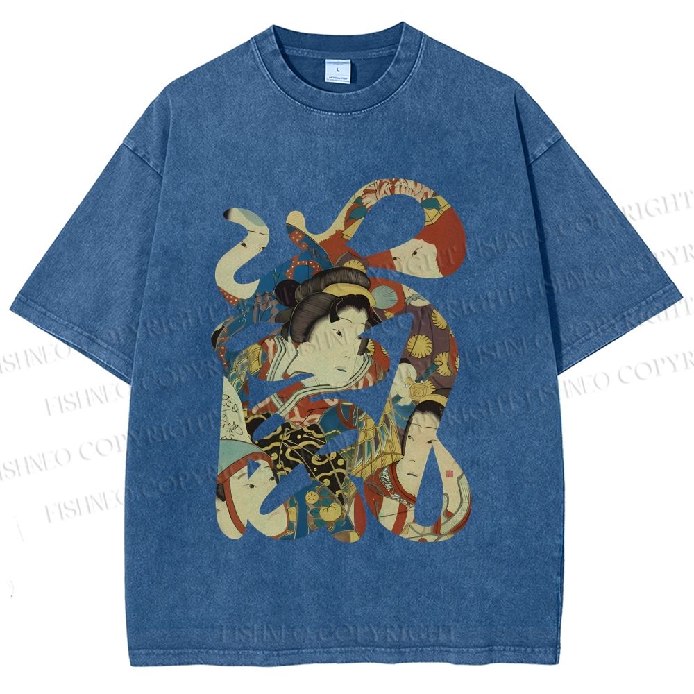 Unisex Vintage Japanese Art Printed Washed Tee