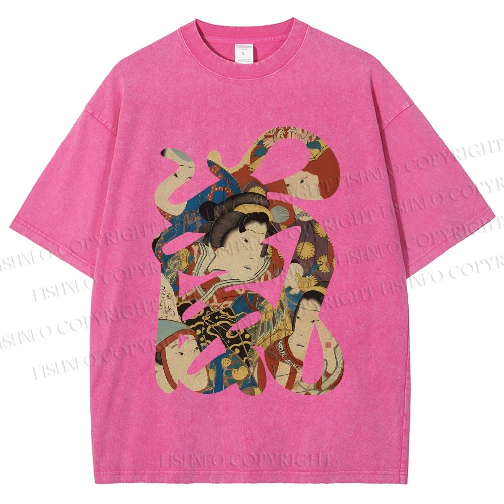 Unisex Vintage Japanese Art Printed Washed Tee