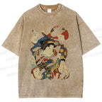Unisex Vintage Japanese Art Printed Washed Tee