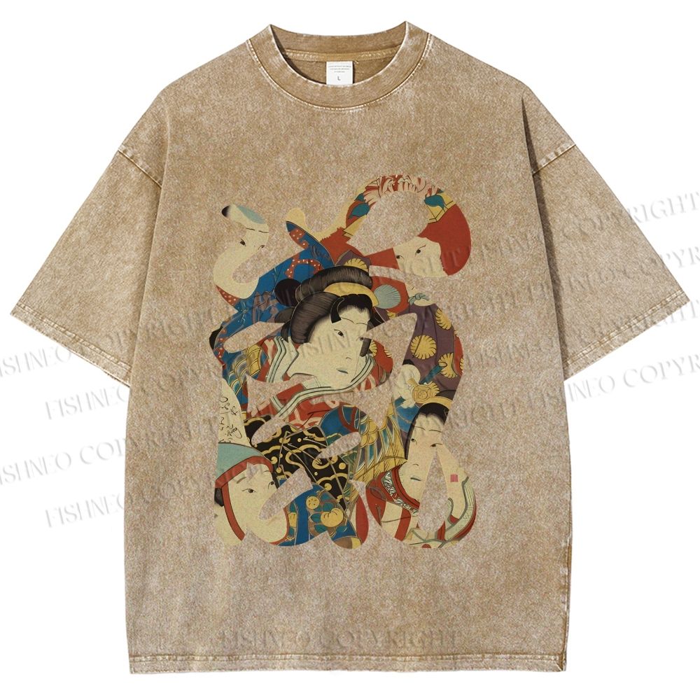 Unisex Vintage Japanese Art Printed Washed Tee
