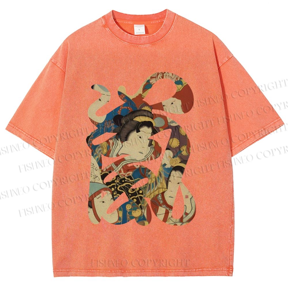 Unisex Vintage Japanese Art Printed Washed Tee
