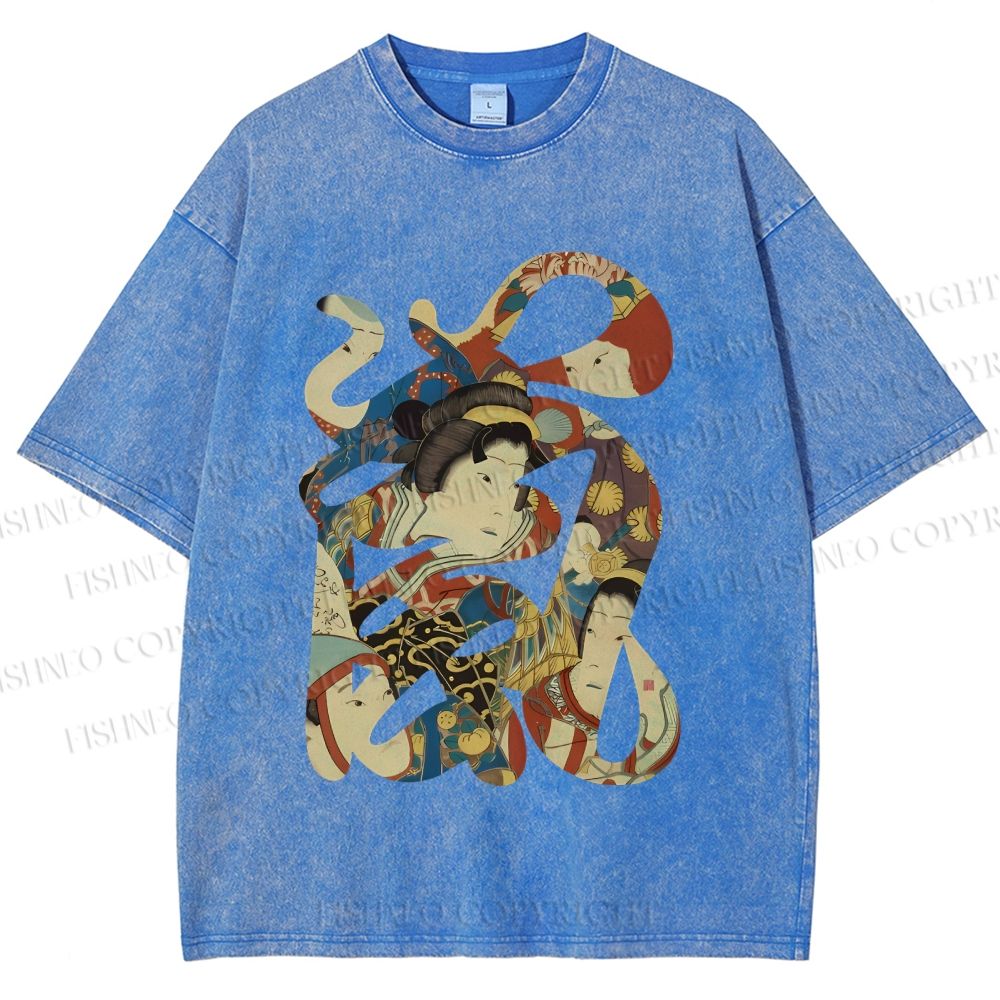 Unisex Vintage Japanese Art Printed Washed Tee
