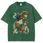 Unisex Vintage Japanese Art Printed Washed Tee