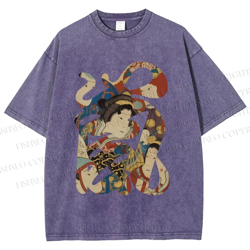 Unisex Vintage Japanese Art Printed Washed Tee