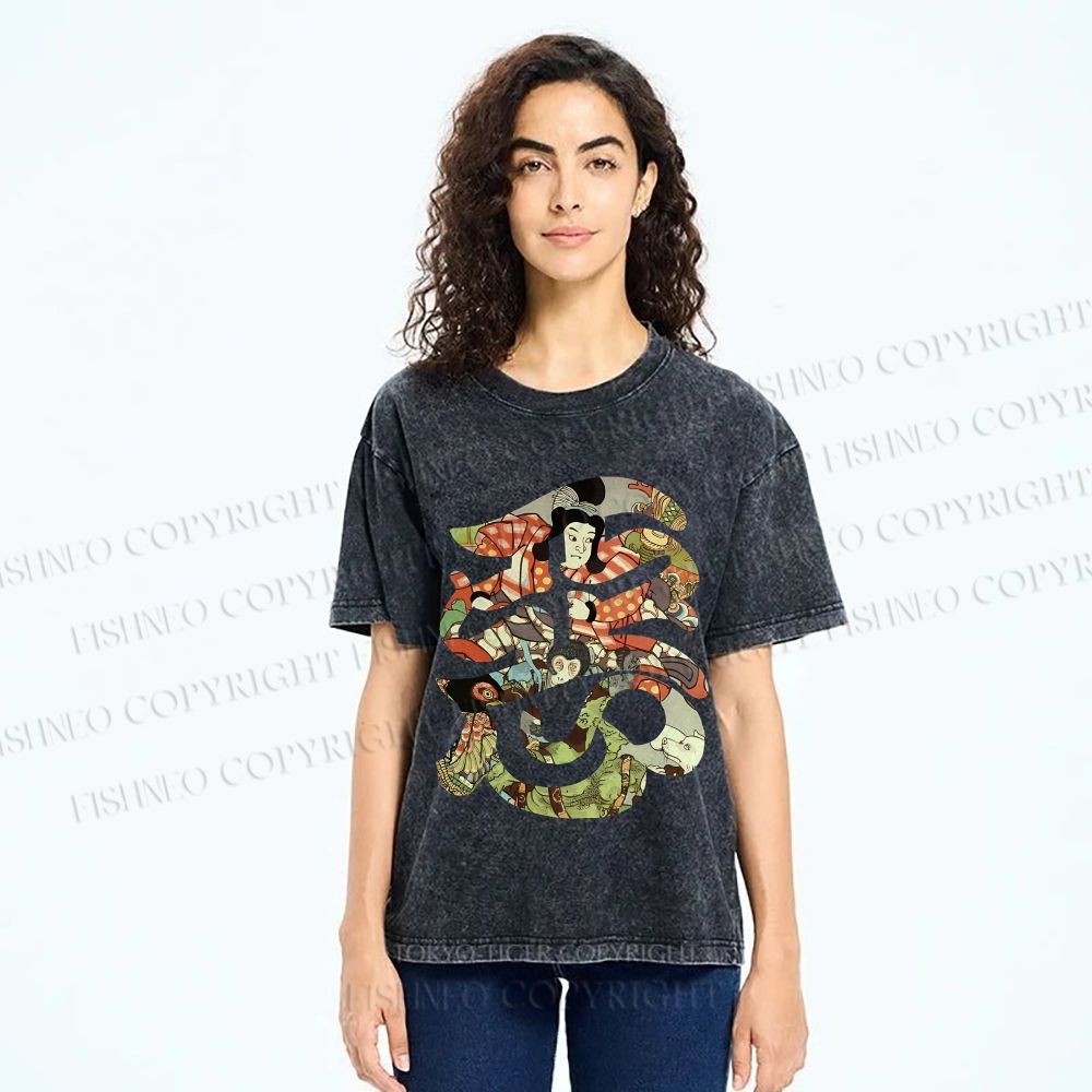 Unisex Vintage Japanese Art Printed Washed Tee
