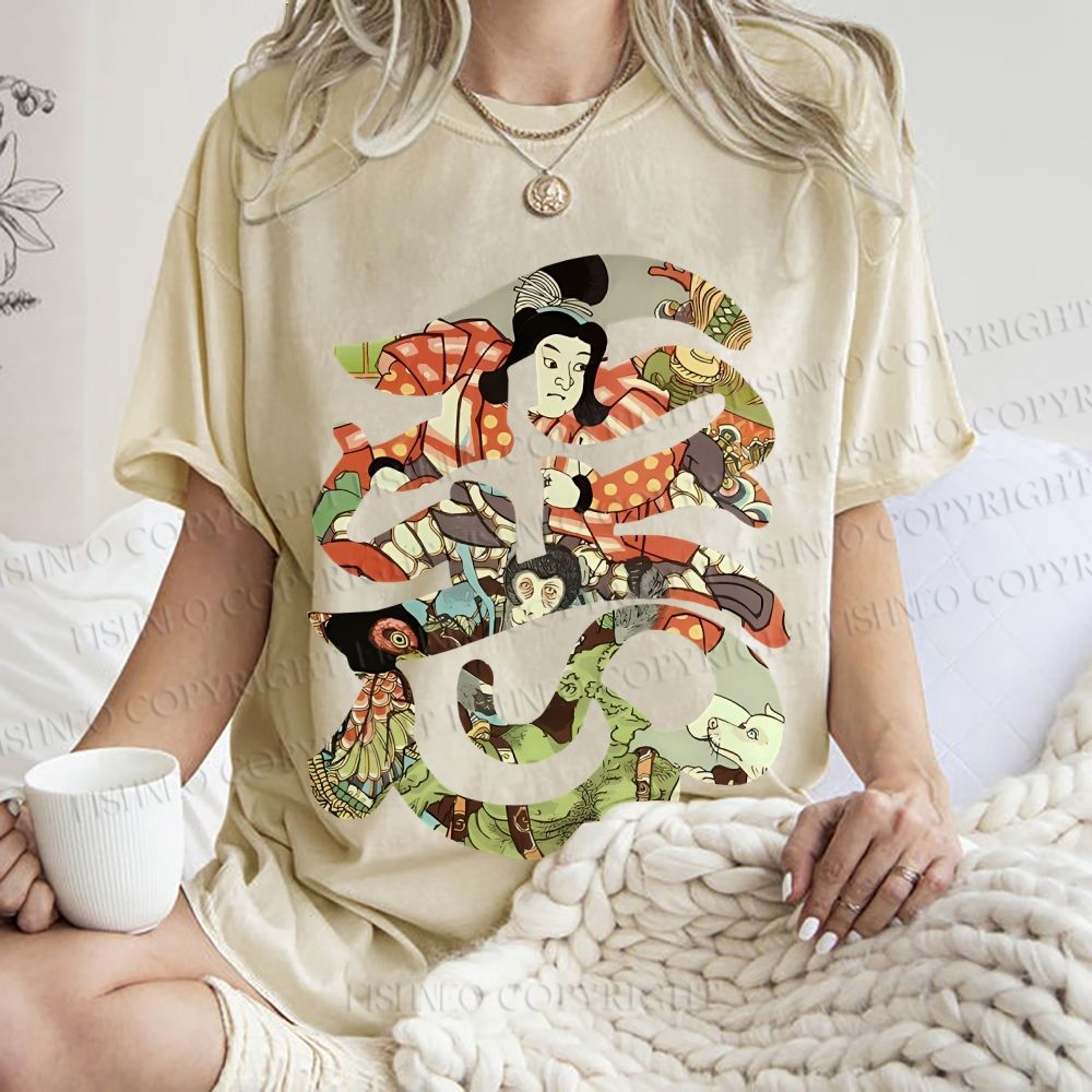 Unisex Vintage Japanese Art Printed Washed Tee